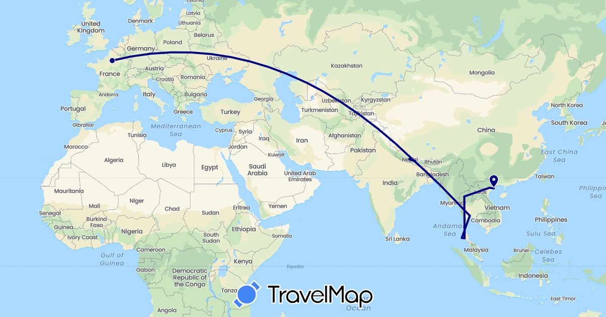TravelMap itinerary: driving in France, Nepal, Thailand, Vietnam (Asia, Europe)